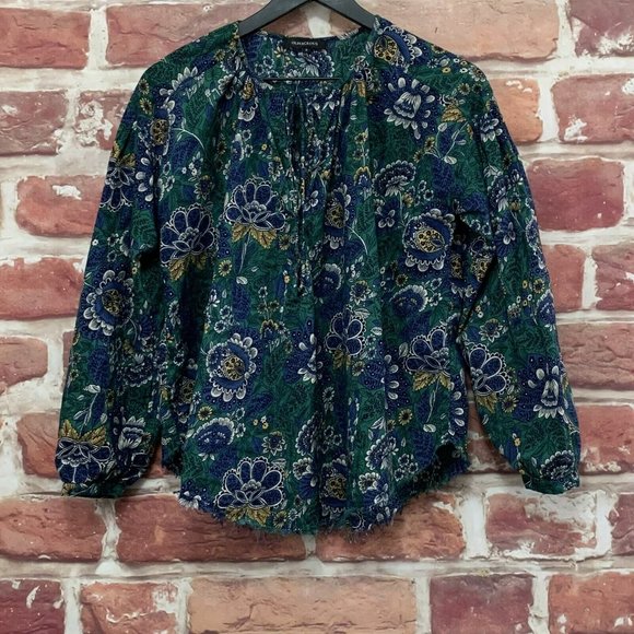 ANTHROPOLOGIE OLIVACEOUS WOMEN'S BLUE & GREEN MULTICOLOR BOHO RAW EDGE BLOUSE - Picture 5 of 7